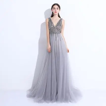 Серый спинки платье для выпускного вечера es длинные Гала Jurken Тюль Бисер Vestido Formatura без рукавов разрез платье для выпускного вечера Для женщин вечернее платье - Цвет: Light grey