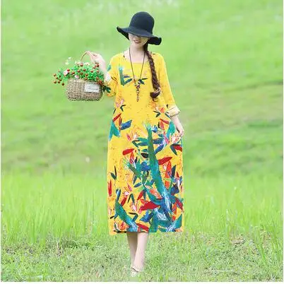 016 Plus Size Women Vintage Dress Summer Autumn Sundress Cotton Linen Vestidos Lady Long Dresses Print Floral Loose Casual Dress - Цвет: 016