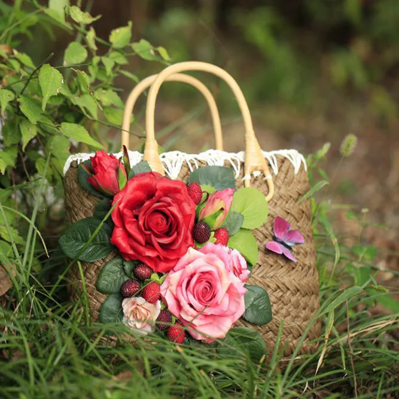 Летние соломенные сумки для женщин 2018 Роскошные цветы ручной работы Тканые