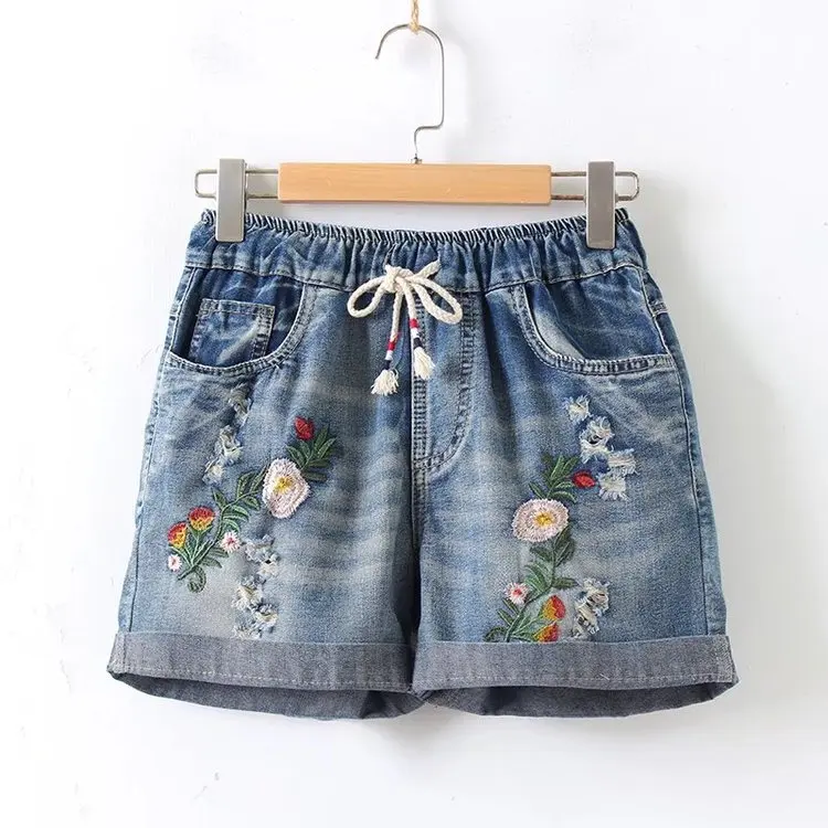 Женские летние шорты свободные с высокой талией и розой|summer denim shorts|shorts femalewaist shorts