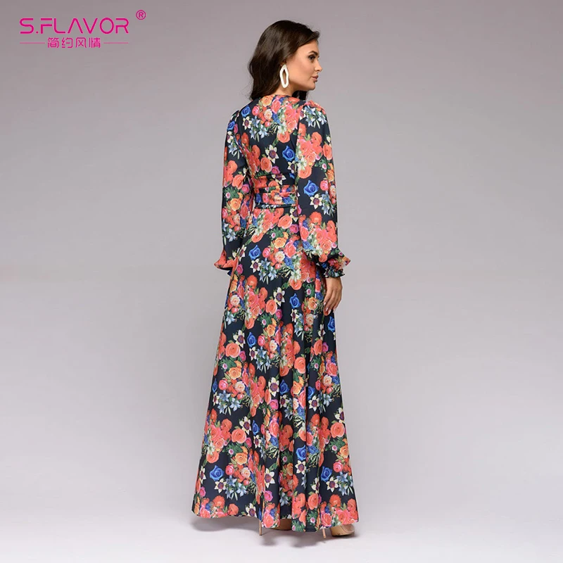 S.FLAVOR Bohemian Lantern Sleeve Women Long Dress Elegant V-neck Waist Floral Printed Party Vestidos Spring Summer Casual | Женская
