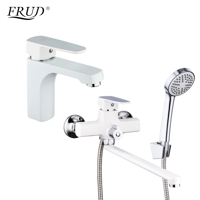 

Frud White Spary Painting Shower Faucets Bathroom Bathtub Taps With Long Outlet Pipe Basin Faucet Cold and Hot Water Mixer Crane