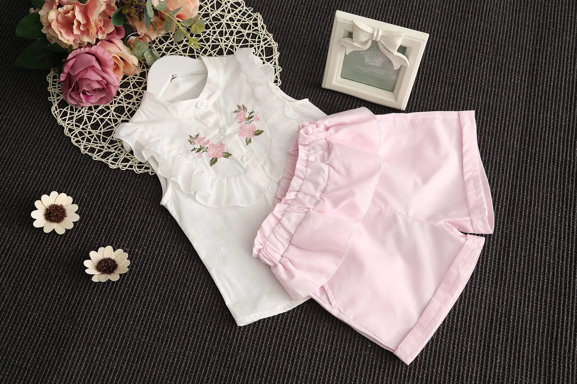 Шифоновая футболка и шорты для девочек с цветочной вышивкой|children clothing|clothing fashionsuit