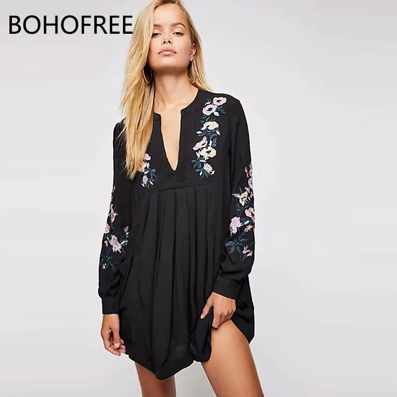 BOHOFREE/осеннее платье с длинными рукавами и глубоким вырезом Boho цветочной вышивкой