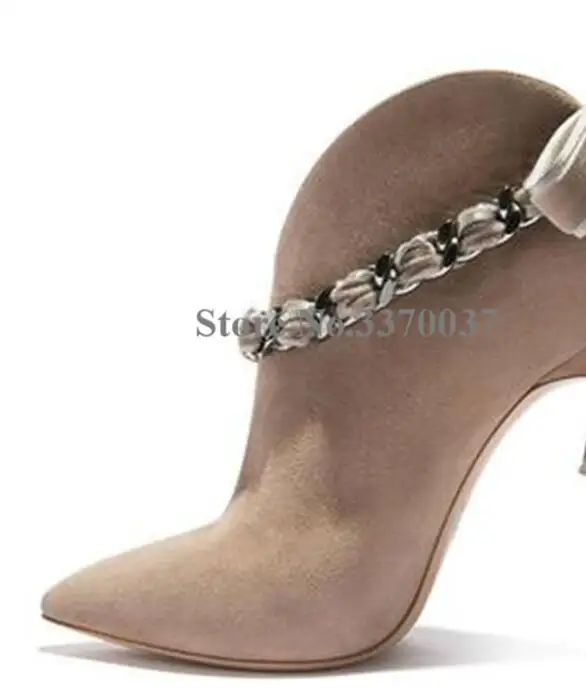 10cm beige Женские модные стильные Замшевые полусапожки с острым носком и ремешком-цепочкой на металлической шпильке; розовые ботильоны с бантом - Цвет: 10cm beige