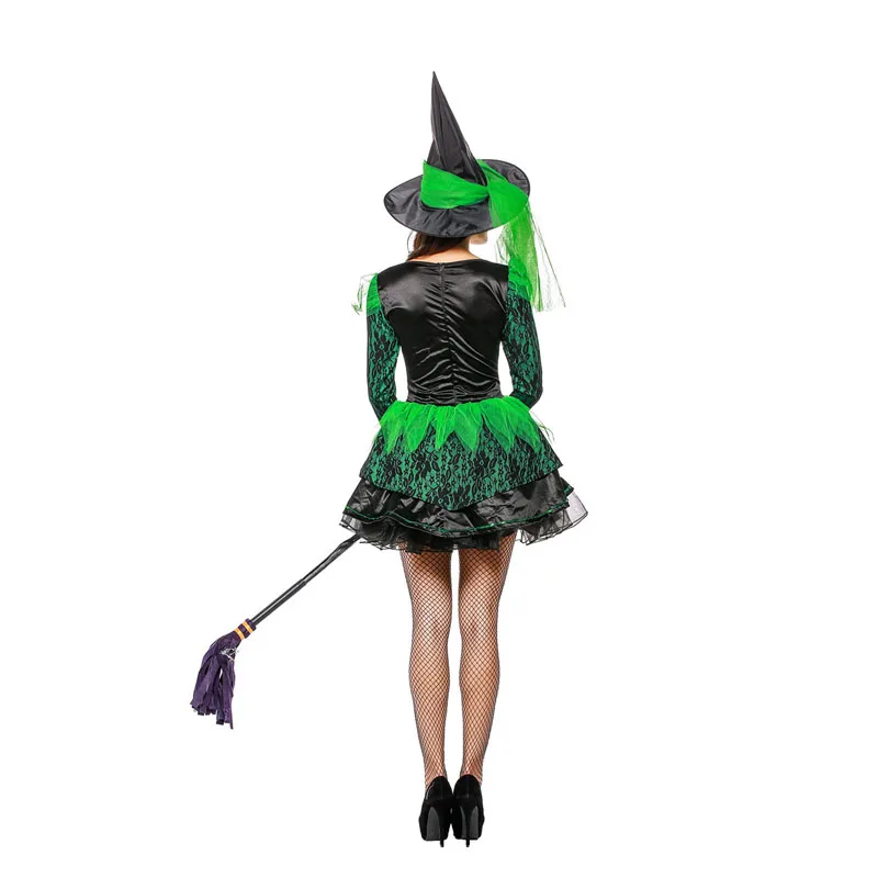 

New Adult Witch Costume Fairy princess Dresses Sexy Costumes For Women Halloween Christmas Short green lace Swallowtail clothing