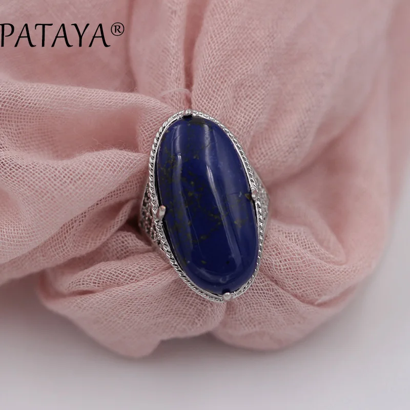 PATAYA, женские свадебные Винтажные Ювелирные наборы, Овальный натуральный камень тигра, большие серьги, набор колец, Настоящее Белое золото, полые Ювелирные наборы