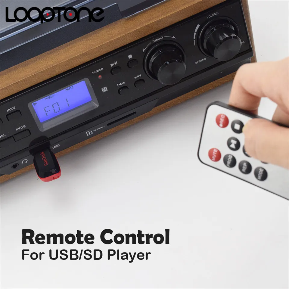 LoopTone Виниловая пластинка LP проигрыватель Проигрыватель кассетный плеер AM FM радио USB/SD плеер с пультом дистанционного управления Встроенный динамик Aux-in