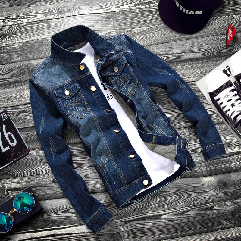 ELING джинсовые куртки для мужчин в Корейском стиле Модные молодых Slim Fit джинсовая