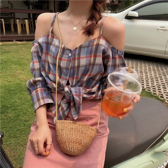 

slash neck plaid casual Women's Clothing Shirts loose spaghetti strap fashion brand off shoulder Korean summer style ladies tops