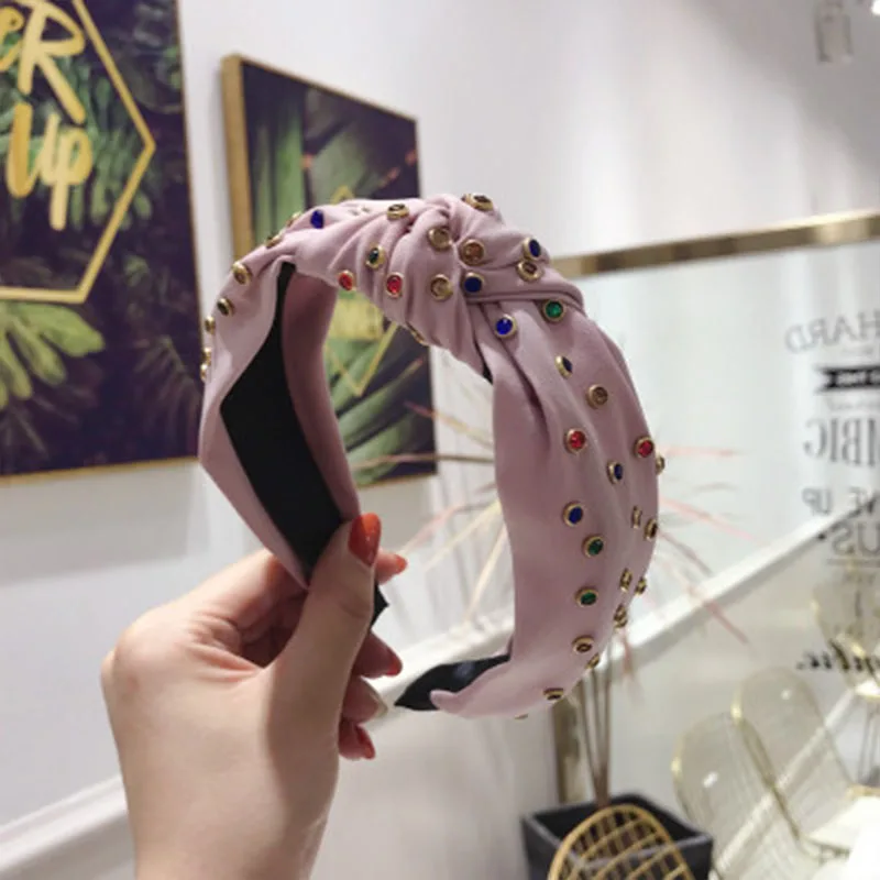 

2019 Korea New Hair Accessories Crystal Decorated Solid Color Top Knotted Hairbands For Women Wide Hair Bands Headwear