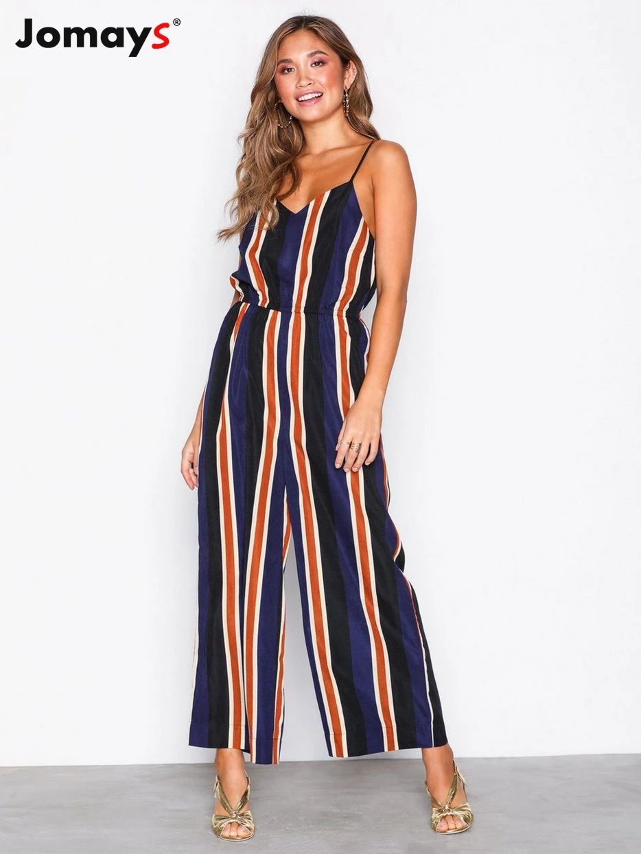 

Chiffon Summer Jumpsuit Vintage Striped Spaghetti Strap Sexy Lady Off Shoulder Women Wide Leg Opening Vacation Casual Styles