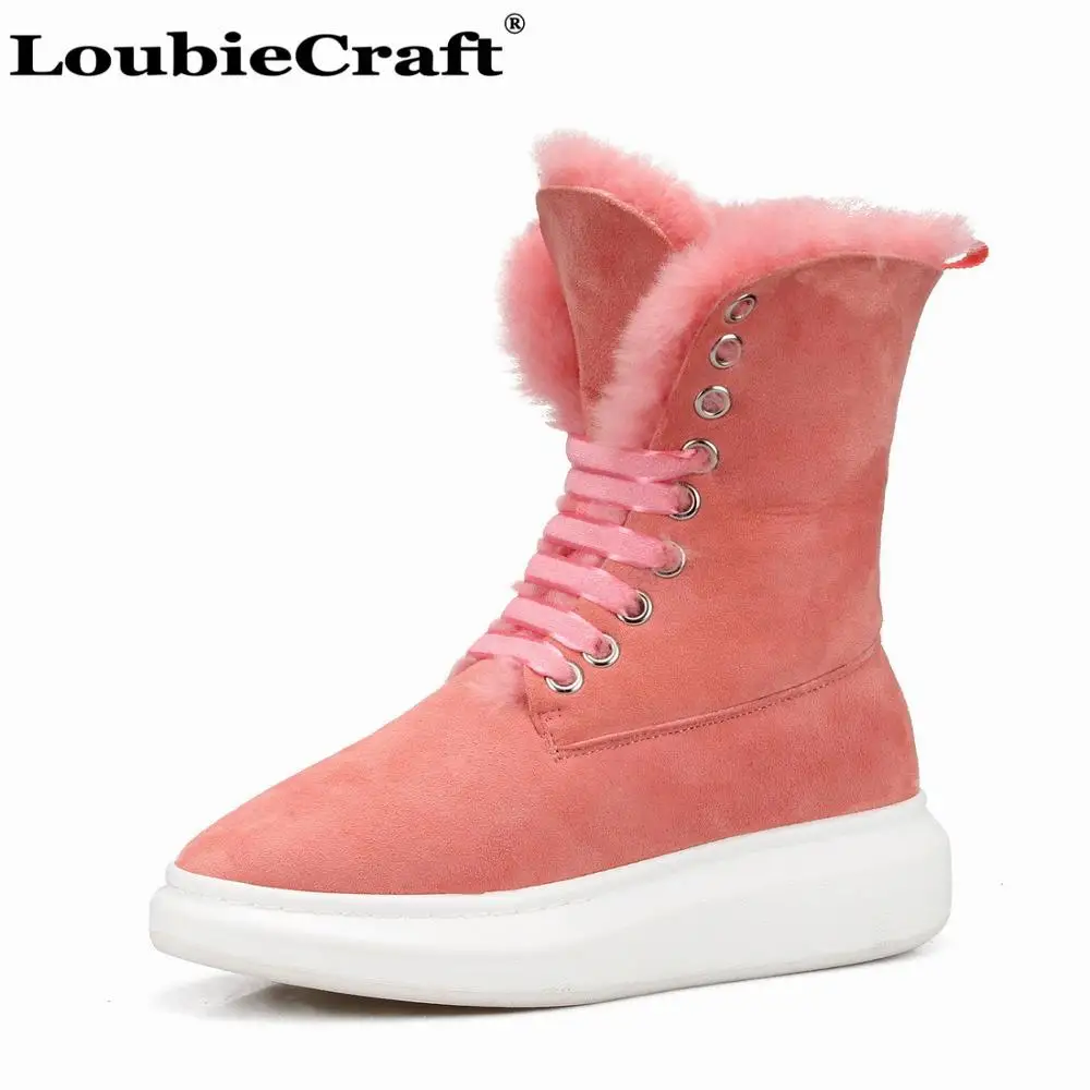 pink Женские зимние ботинки из овечьей шерсти; зимние короткие ботинки на меху; повседневные ботинки черного цвета с жемчугом; модная обувь на толстой подошве со шнуровкой; Новинка года - Цвет: pink