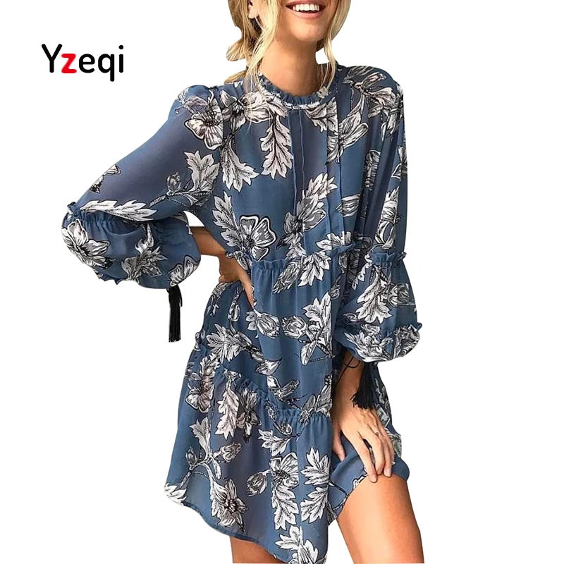 Yzeqi Для женщин короткие оборки Flare с длинным рукавом Dressesfloral принтом Boho Летнее