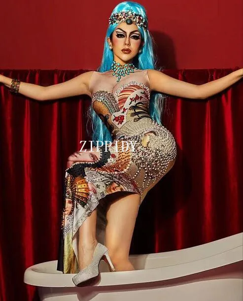 

Colorful Rhinestones Women's Birthday Celebrate Dress Diamond Outfit Evening Dance DJ Show Female Singer