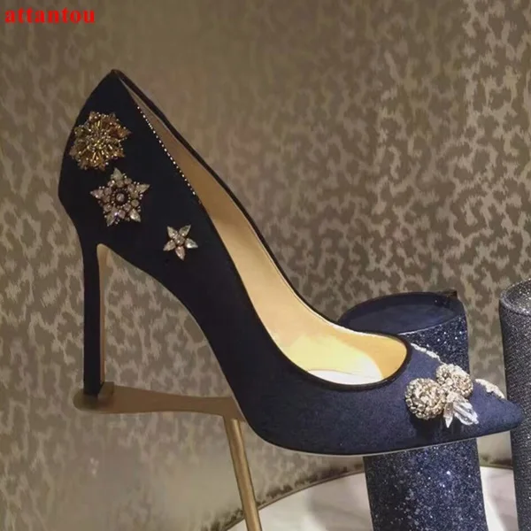 

Bling bling crystal decor woman high heels black suede sexy pumps slip-on pointed toe female party dress shoes stiletto
