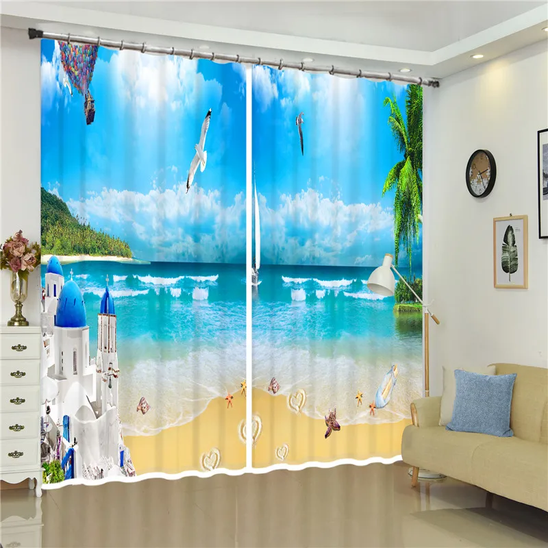 

3D Luxury Window Curtains Living Bedroom Blackout blue Beach Castle Smooth drape Customized size Drapes Cortinas Rideaux