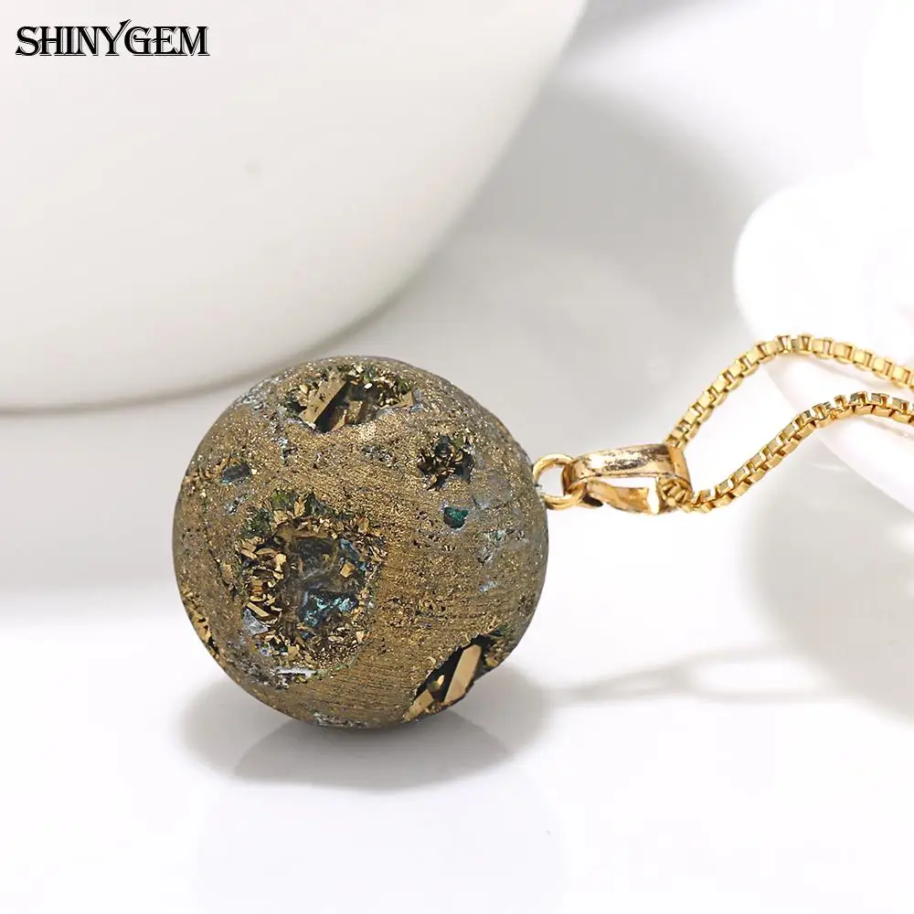 ShinyGem минеральный кристалл шар ожерелья Золото и серебро натуральный Друза камень ожерелья Луна планета, шар кулон ожерелья для женщин