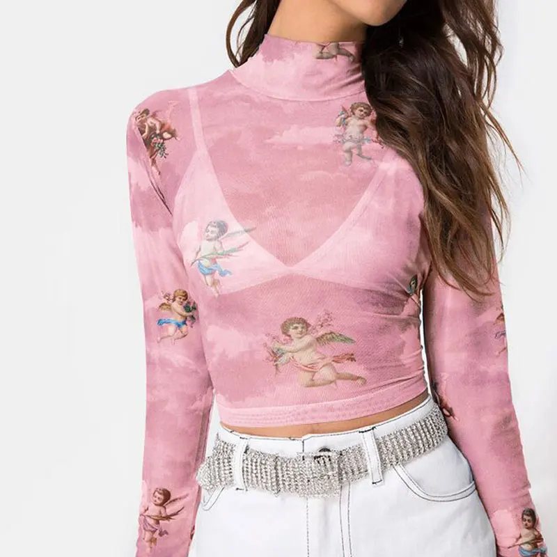 

2019Fashion Women Angel Printed See-through Sheer Mesh Fishnet Top T-Shirt Crop Cute Female Summer Ladies Mesh Tops
