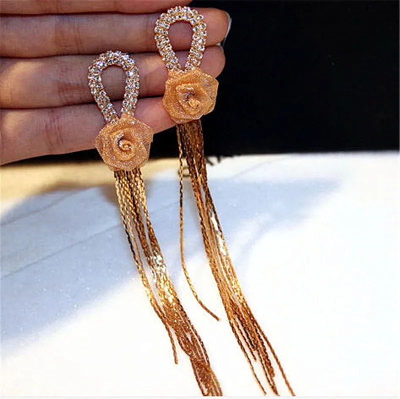 Массивные длинные серьги с кисточками и кристаллами в виде цветка для женщин Bijoxu