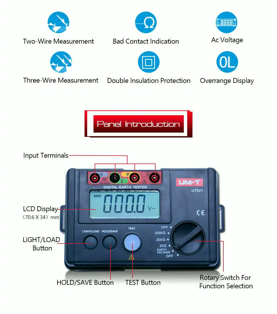 UNI-T UT521 UT522 цифровой тестер сопротивления заземления 0-2000/0-4000 Ом измеритель сопротивления с ЖК-дисплеем с подсветкой