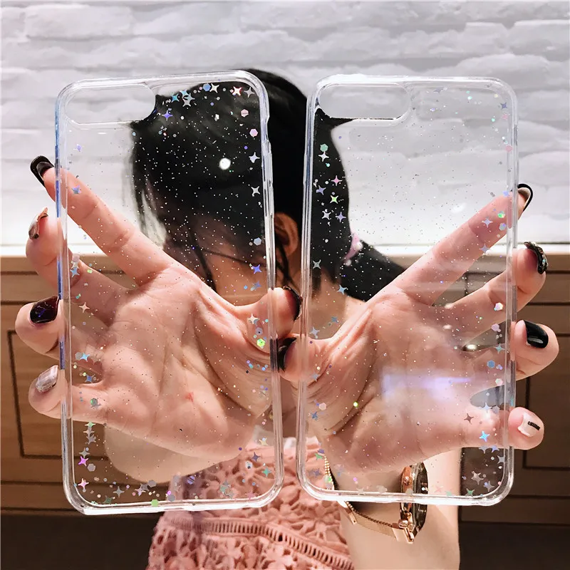 Fashion Transparent Bling Glitter Stars Cover Phone Case For iPhone 8 7 Plus X Solf TPU Silicone Back Cases 6 6S |