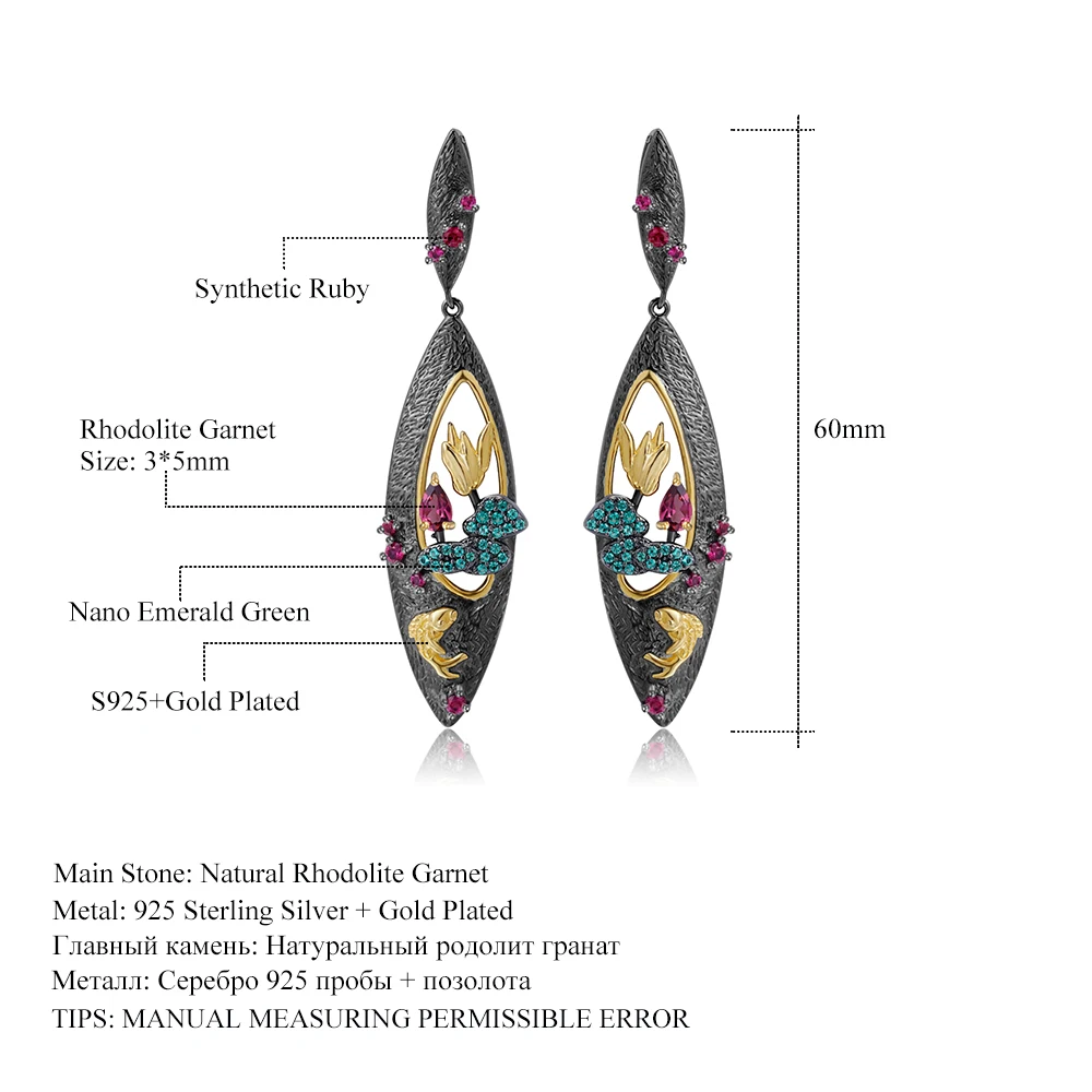 

GEM'S BALLET Natural Rhodolite Garnet Gemstones Earrings 925 Sterling Silver Handmade Goldfish Drop Earrings For Women Wedding