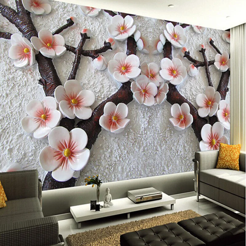 

High Quality Deep Texture Relief 3D Murals Modern Art Plum Blossom Photo Wallpaper Living Room Bedroom Papel De Parede Floral 3D