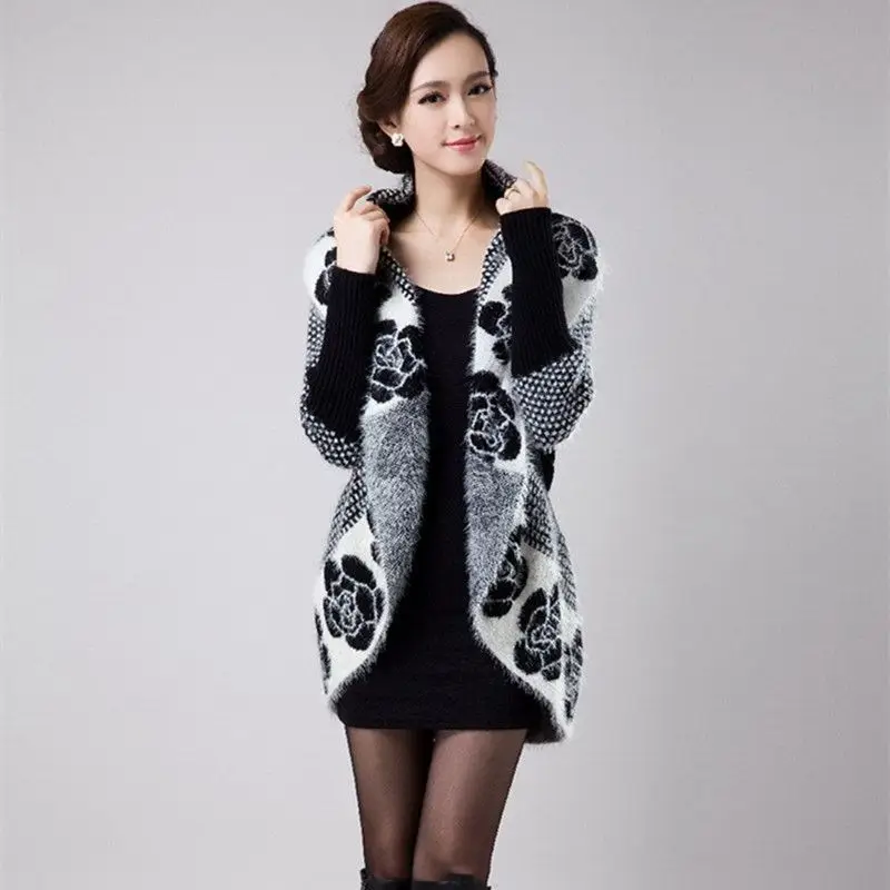 New Women Spring Autumn Sweater Knit Cardigan Jackets Fashion Print Cloak Shawls Thick Warm Large Lapel Coats WLX571 |