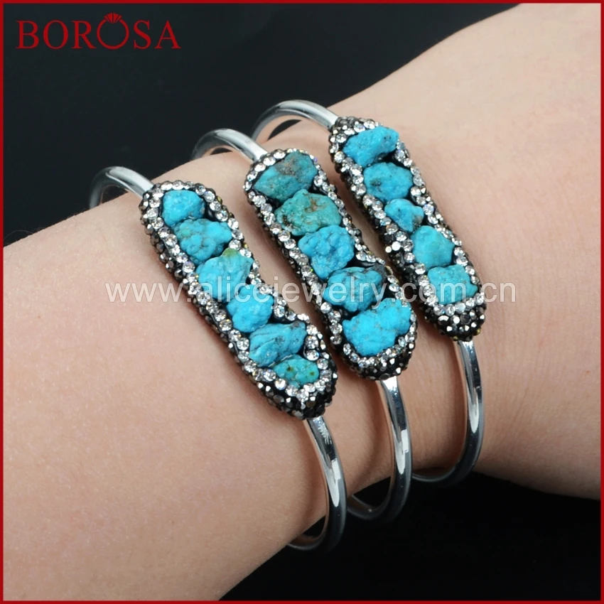 

BOROSA 100% натуральный синий камень браслет серебряного цвета ручной работы свободная форма камня бусины Друза браслет драгоценные камни ювел...