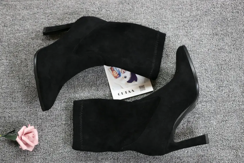 QUTAA New Winter Stretch Ankle Boots Sexy Hoof High Heels Women Shoes Platform Pointed Toe Slip on Short Boots Size 34-43