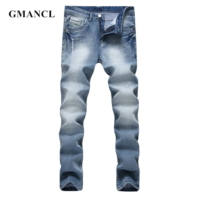 

GMANCL Fashion Men Ripped Streetwear Trousers Men Jeans Hip Hop Destroyed Cotton Elasticity Straight Slim Denim Pants Plus size