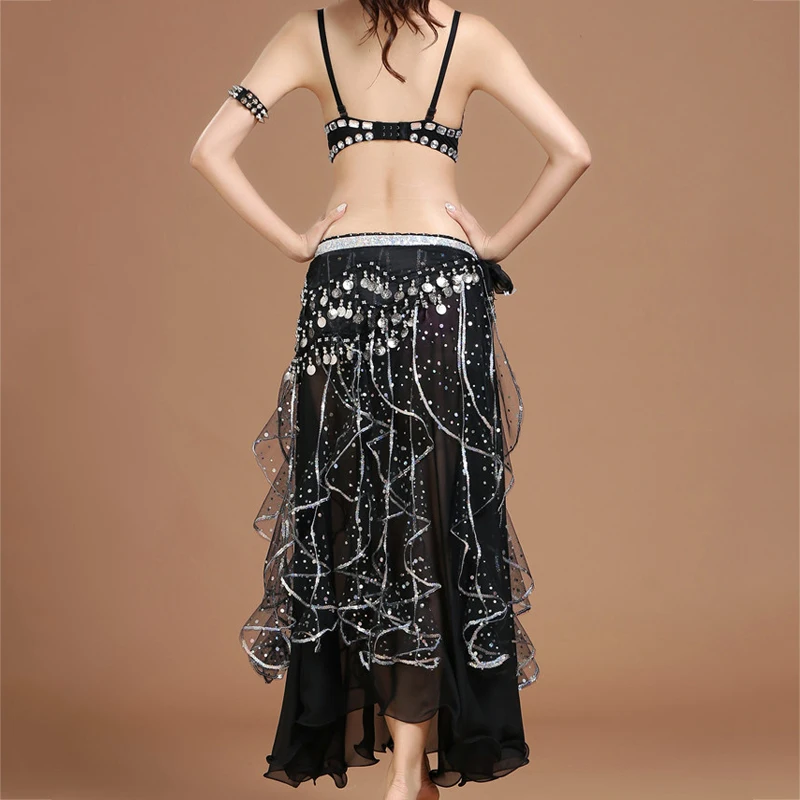 Костюм для танца живота из черного шифона с длинной юбкой и цепочкой|Танец