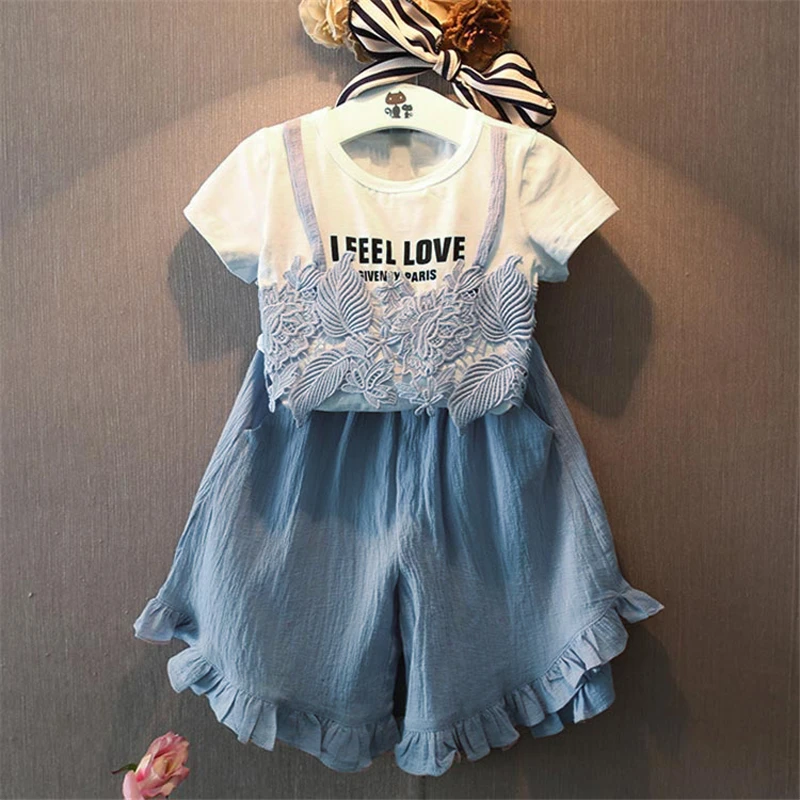 

Girls Suits Summer Child Baby Round Neck Stereo Lace Letter T-shirt And Loose Wide Leg Pants Two Sets fashion O-neck