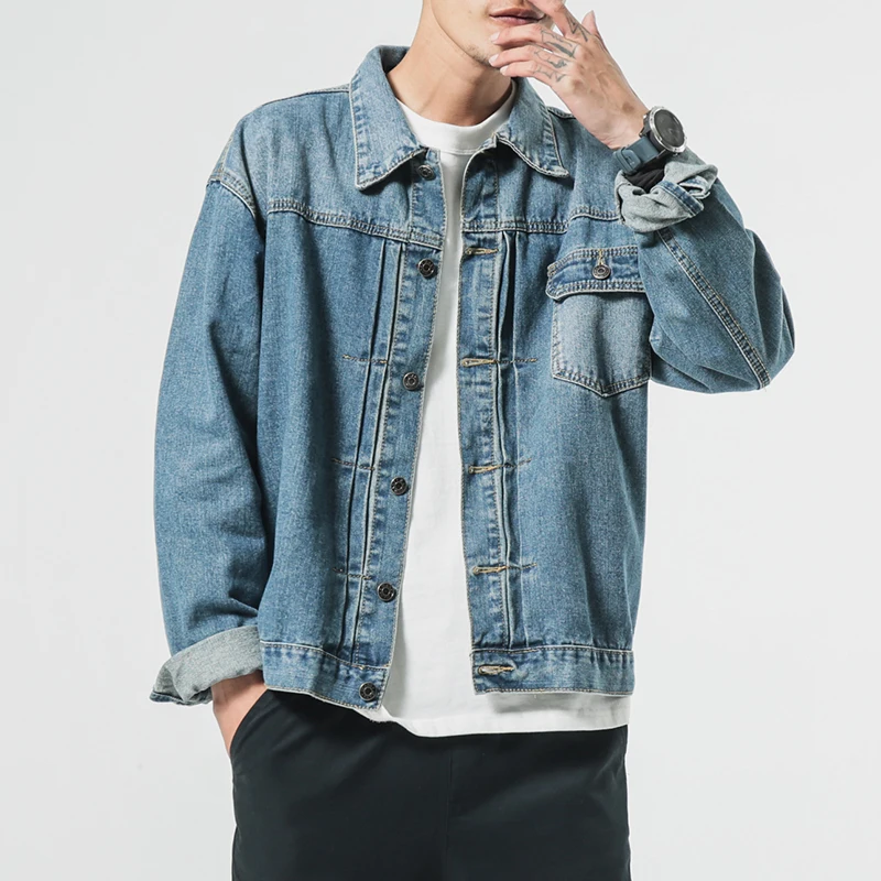 Винтажная джинсовая ткань оверсайз куртка мужская с вышивкой сзади длинным