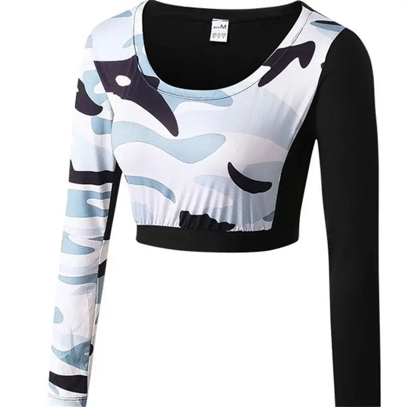 2019 ladies fitness yoga tank top exercise running training exposed navel tight quick dry camouflage long sleeve shirts | Спорт и