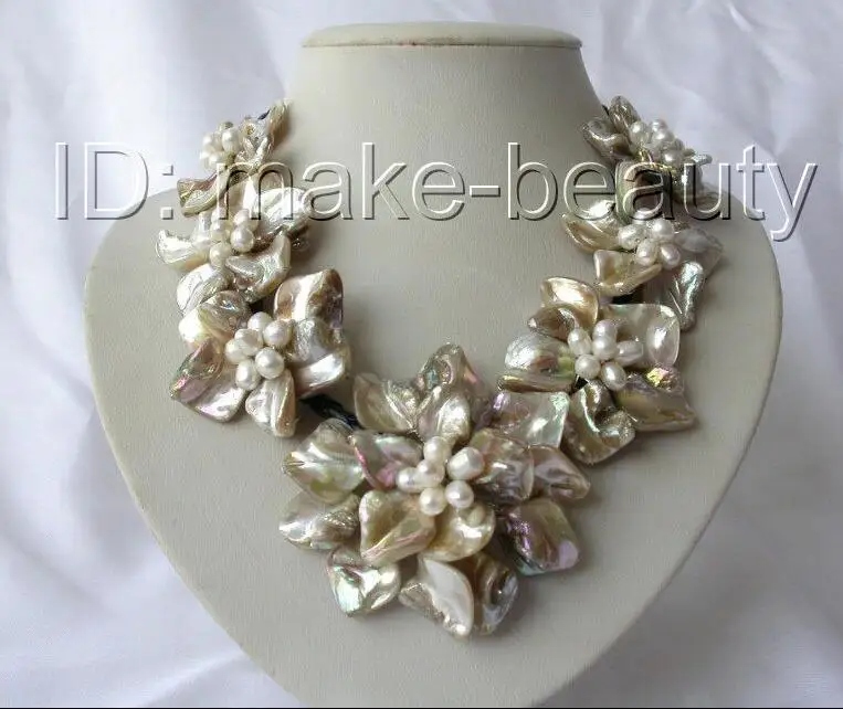 classic white baroque freshwater pearl black shell flower leather necklace | Украшения и аксессуары