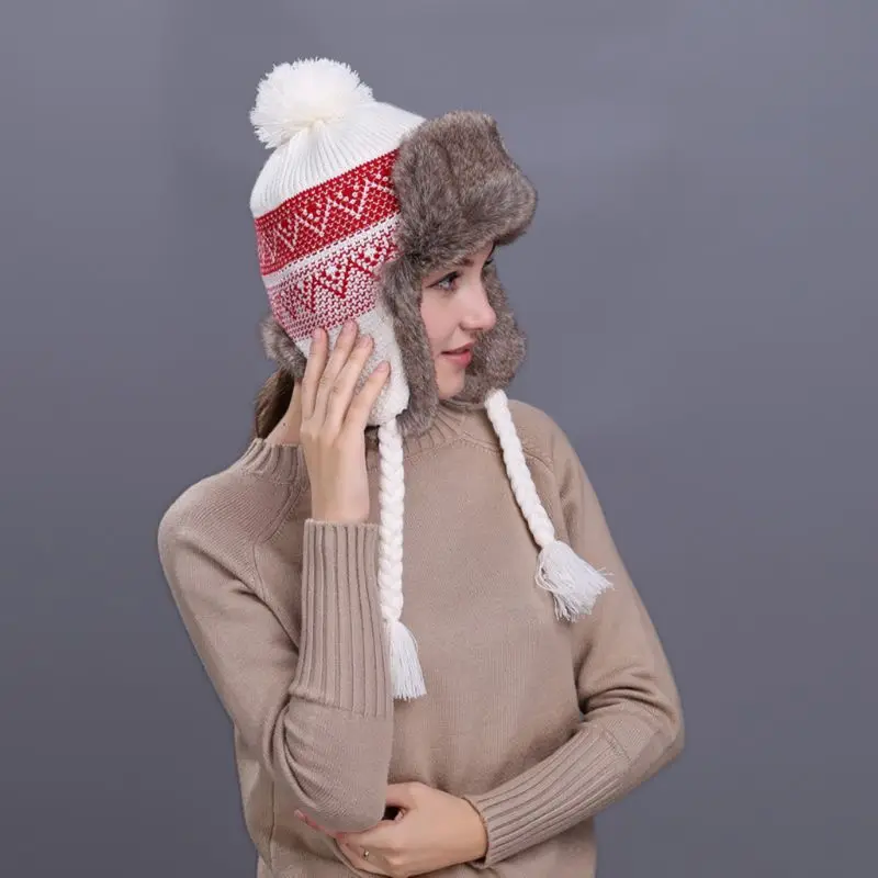 Женская зимняя шапка-ушанка с утолщенной подкладкой, вязаная шапка контрастного цвета, лыжная шапка охотника с помпоном, длинная шапка с кисточками