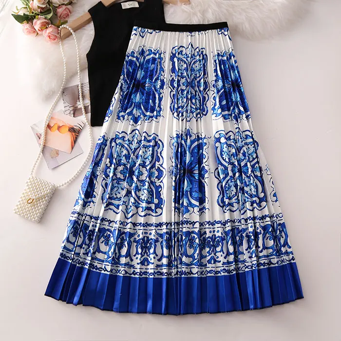 Осенняя женская Европейская юбка с рисунком из мультфильма, высокая эластичность, плиссированная юбка, уличный стиль, трапециевидные Сатиновые юбки с принтом