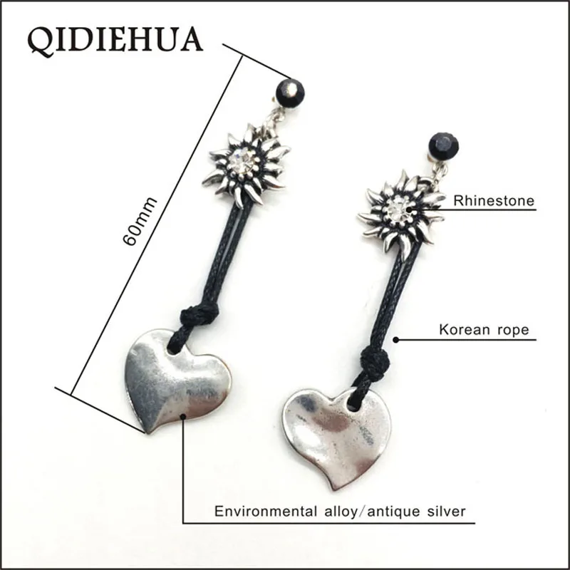 

QIDIEHUA 2018 Fashion Boho Edelweiss Drop Earrings for Women Jewelry Brinco Carved Tibetan Silver Love Heart Long Dangle Earring