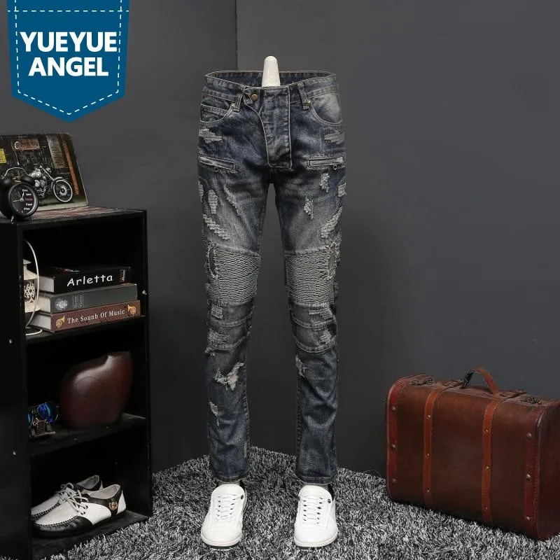 

Punk Style Fashion New Mens Straight Hole Ripped Jeans Pants Full Length Pleated Distressed Casual Slim Fit Male Denim Trousers