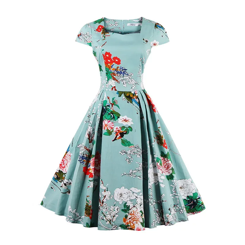 Женское винтажное платье A-силуэта узкое ретро-стиля короткое элегантное с отложным воротником, расклешенное, квадратный принт с цветочным рисунком, летнее, плюс размер.