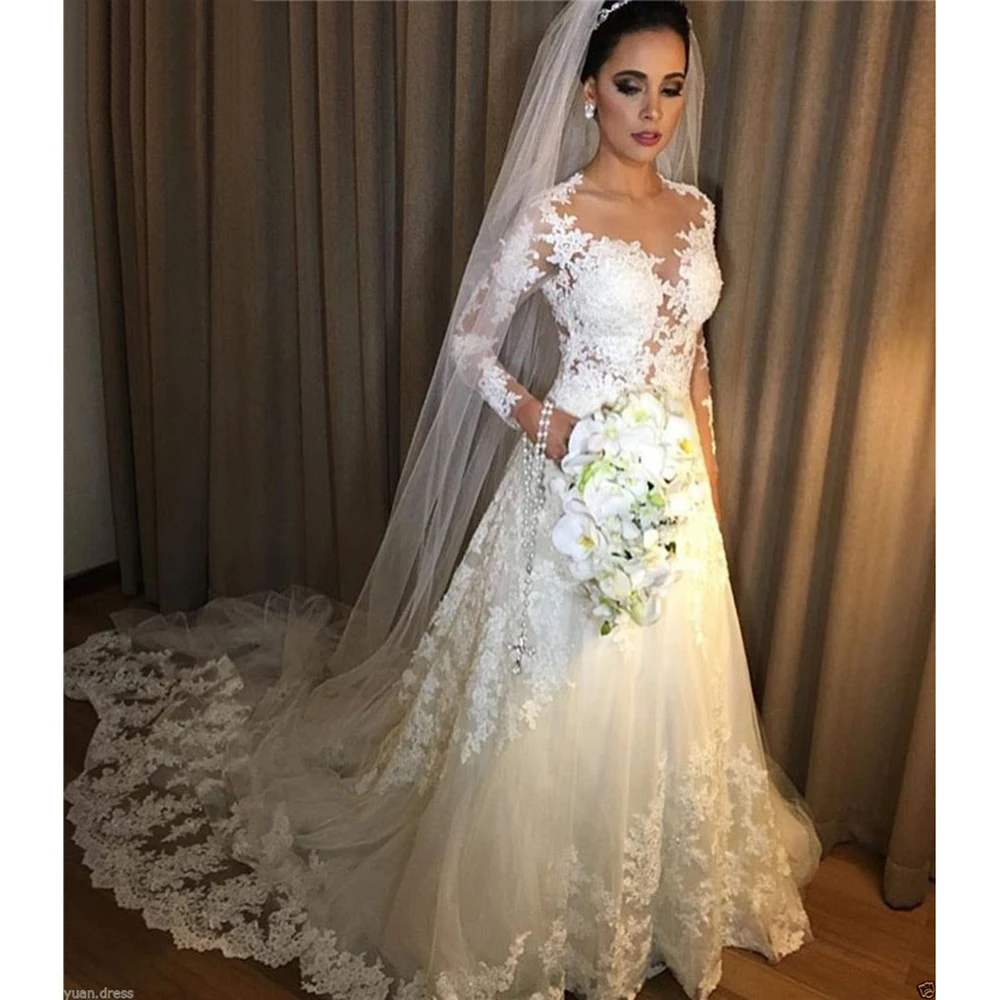 Robe De Mariee винтажное белое свадебное платье трапециевидной формы Свадебные платья с длинными рукавами Бисероплетение прозрачное обнаженное платье невесты из тюля gelinlik