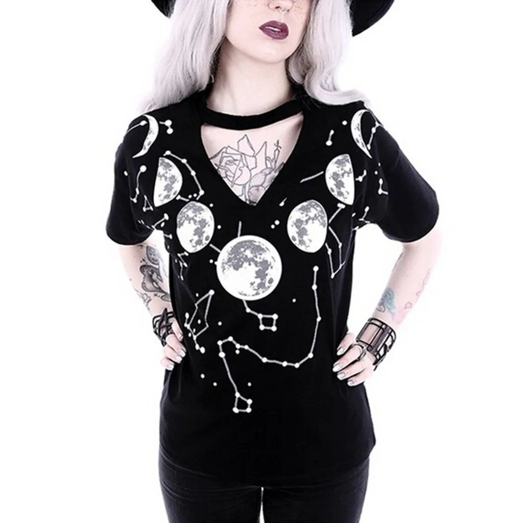 Женские футболки летняя Готическая футболка в стиле панк с принтом Луны и