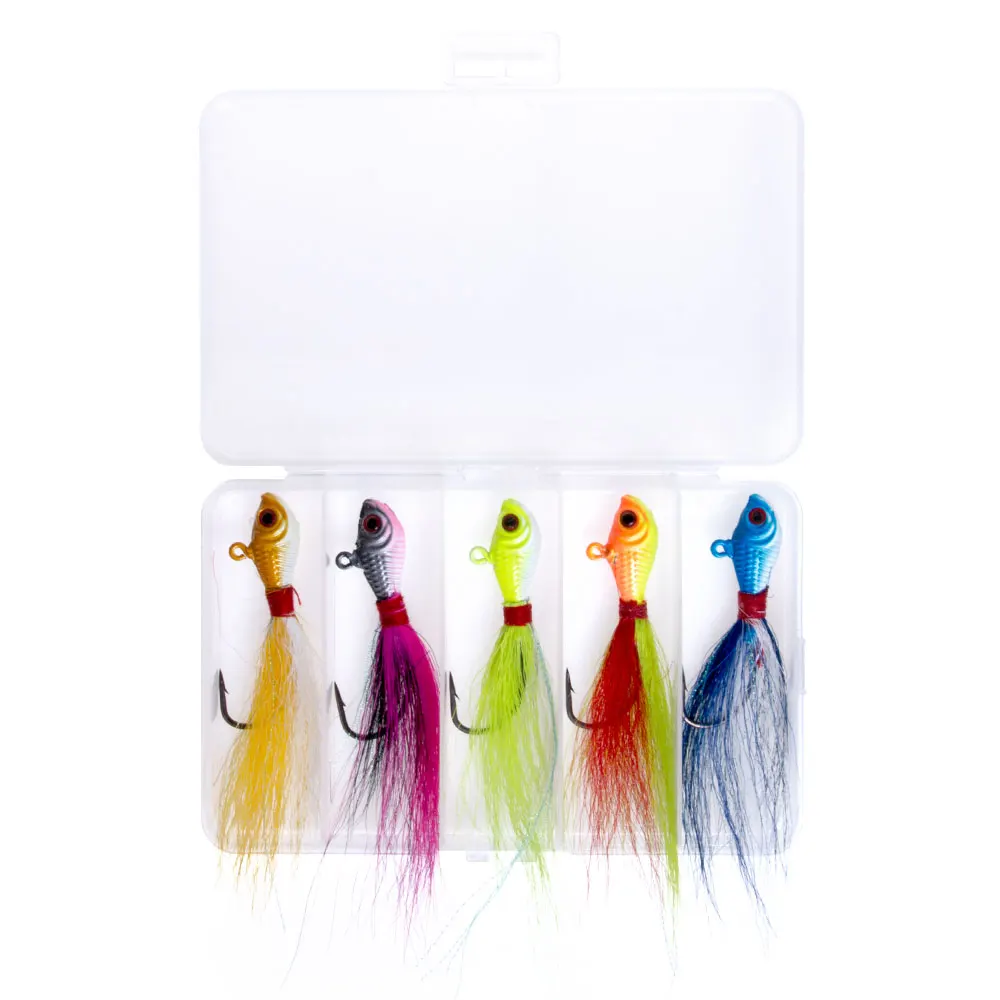 

ThunderShower 5pcs Mixed Colors Jigs 25G Artificial Lead Head Feather Hook Jigging Lures for Flounder Stripers Bass