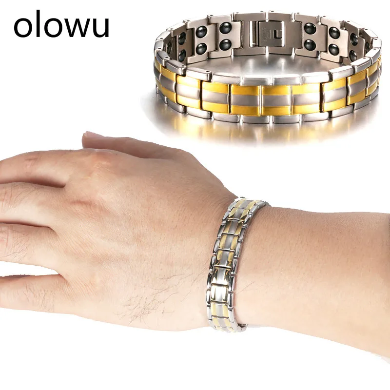 Оловянный золотой серебристый классический профильный магнитный браслет для мужчин из нержавеющей стали с общим здоровьем и привлекательностью кровяного давления.