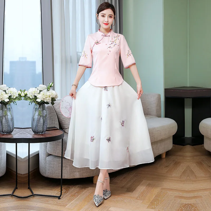 Новинка лета 2019 Женский Улучшенный Чонсам в стиле ретро юбка двойка из