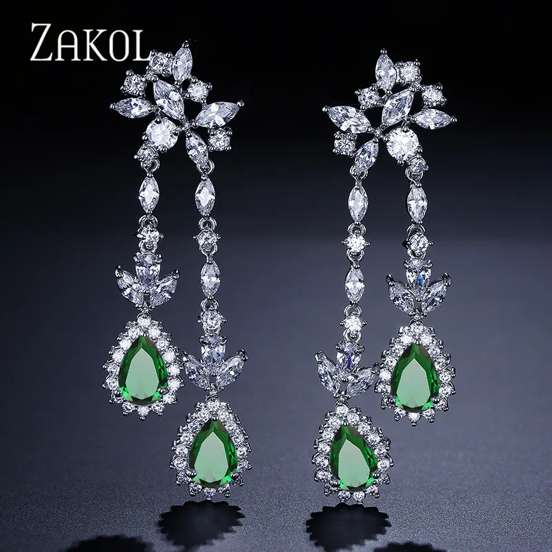 ZAKOL серебристого цвета Роскошные серьги висюльки из Кубического циркония для