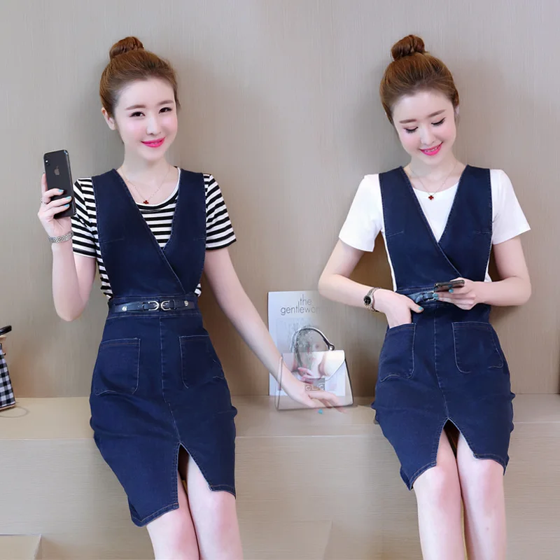 

Summer Denim Dress New Korean Women Two-piece Strap Denim Dress+short-sleeved Shirt Or Long-sleeved Shirt Elegant Slim Dress