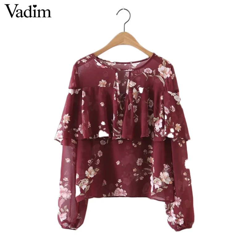 Женщины сладкий оборками цветочный принт шифоновая блуза вырезать шеи рубашки с